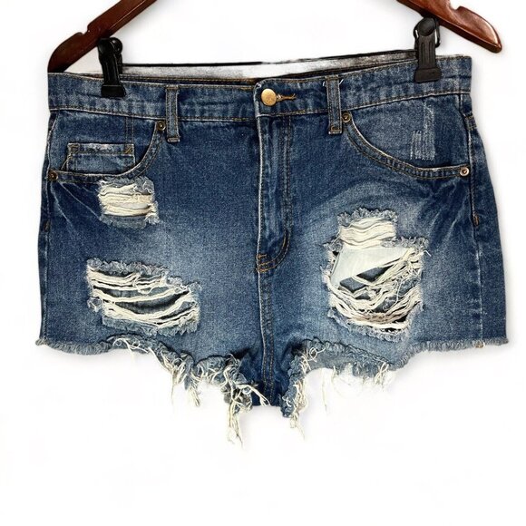 Forever 21 Jean Shorts Women Sz 30 Blue Cut Off Distressed Raw Hem Modern Chic - Picture 1 of 13